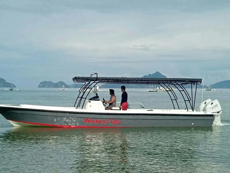 Anang's private speedboat with twin outboard engines on calm water off El Nido, limestone islands behind